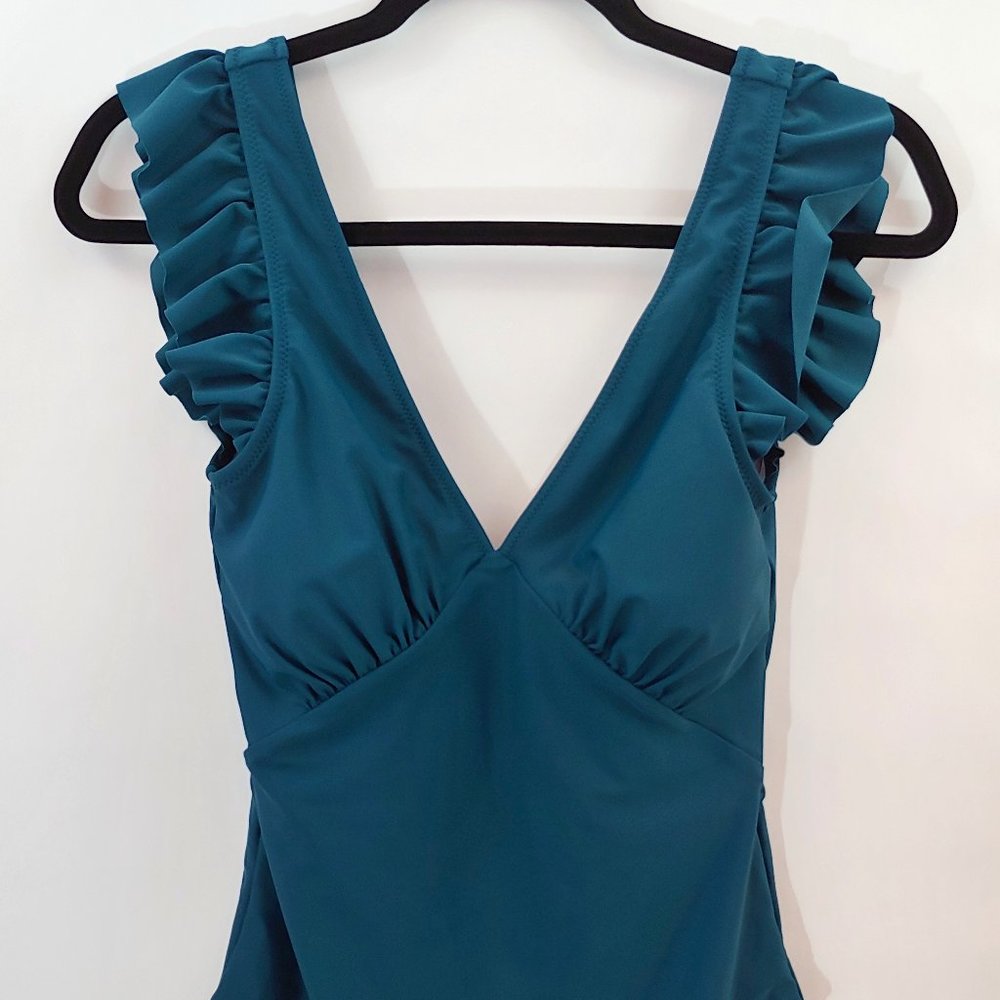 NWT XL Blue Green Ruffle Sleeve One Piece Swimsuit